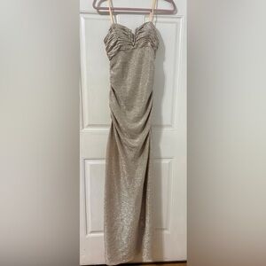 Hailey by Adrianna Papell Gold Shimmer Ruched Evening Dress